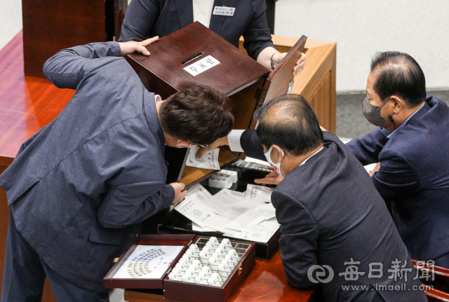 14일 경북도의회 본회의장에서 군위군 대구 편입에 관한 찬반 투표가 진행되고 있다. 이날 경북도의회는 