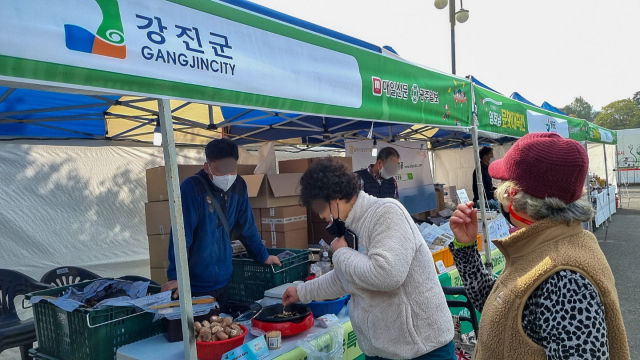 전남 강진군 직거래 장터 부스에서 시민들이 강진군 특산물인 표고버섯을 시식하고 있다. 윤정훈 기자