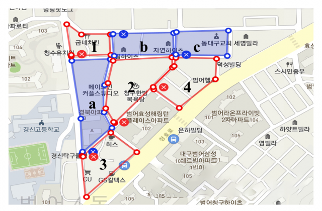 현재 수성35지구에 추진 중인 가로주택정비사업 구역. a지역은 최근 민원배심원제 등을 통해 주민들 사이에 문제가 최초로 제기된 지역이며, b,c 구역은 가로주택정비사업을 추진하기 위해 준비 중인 것으로 알려진 지역이다.