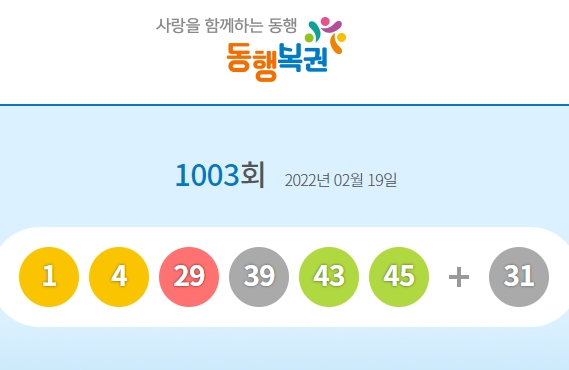 1003회 로또 1등 당첨 번호 1, 4, 29, 39, 43, 45 