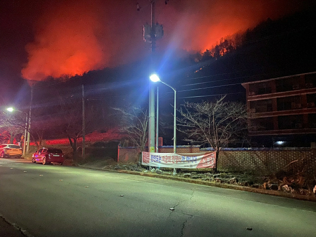 4일 오전 2시 32분쯤 성주군 초전면 소성리 한 야산에서 불이 났다. 오전 7시 40분 현재 큰 불은 잡혔고, 잔불을 진화 중이다. 독자 제공