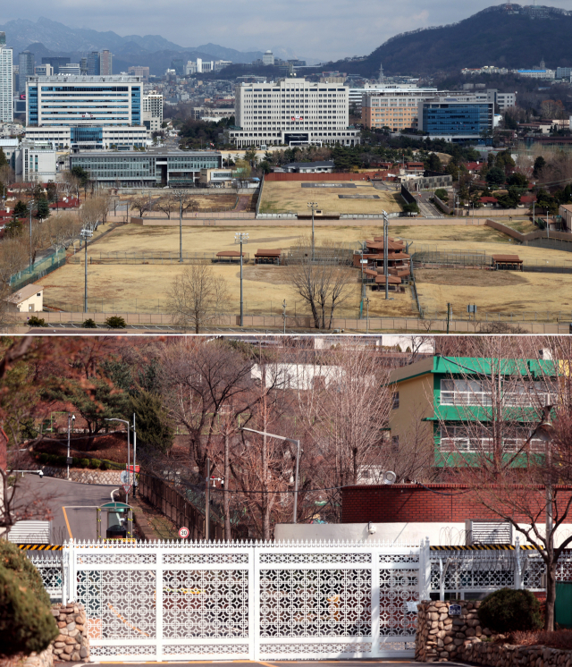 윤석열 대통령 당선인이 취임 후 집무실을 서울 용산구 국방부 청사로 옮기는 계획을 확정하면서 그에 따른 집무실과 주변 공간 구성 방안에 관심이 쏠린다. 윤 당선인과 인수위 측이 20일 기자회견에서 발표한 내용을 종합하면 국방부 청사 건물에는 대통령 집무실, 비서실과 함께 기자실이 들어선다. 5월 10일 취임식 직후 용산 집무실에 입주하겠다는 구상에 따라 임시 관저는 한남동 육군참모총장 공관을 리모델링 해 활용하는 방안을 검토 중이라고 청와대 이전 TF 팀장인 국민의힘 윤한홍 의원은 설명했다. 사진은 20일 집무실이 들어서는 용산구 국방부 청사(윗 사진)와 한남동 공관부근 모습. 연합뉴스