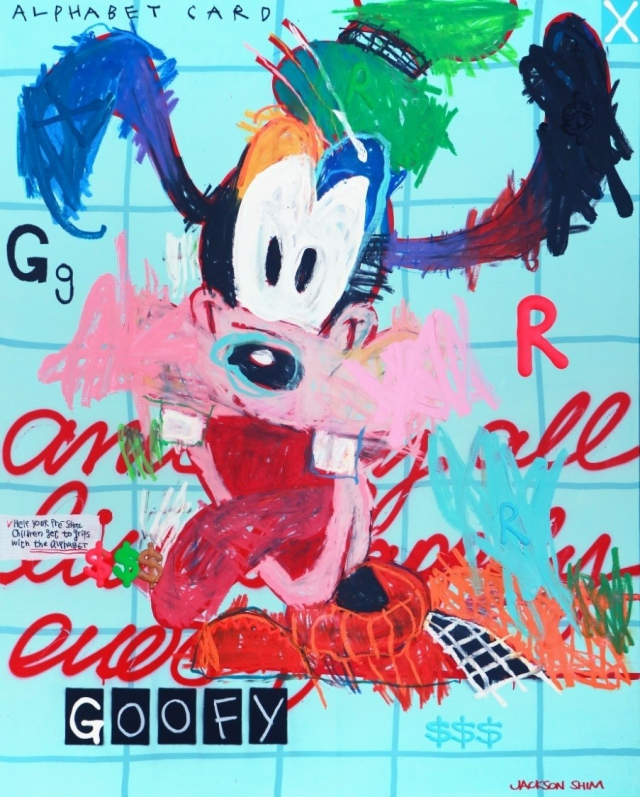 잭슨심, ALPHABET CARD GOOFY MASTERPIECE 2, 162.2x130.3 cm, 아크릴·오일파스텔 꼴라주, 2022.