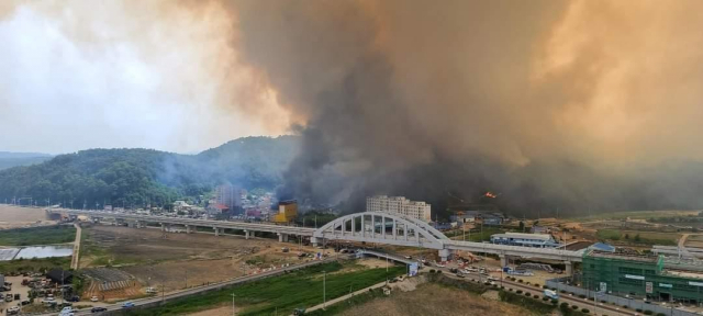 28일 낮 12시 6분께 경북 울진군 근남면 행곡리 야산에서 난 산불로 생긴 연기가 울진군을 뒤덮고 있다. 산림과 소방당국은 현장에 헬기 20여대와 특수진화차 등을 투입해 진화작업을 벌이고 있다. 연합뉴스