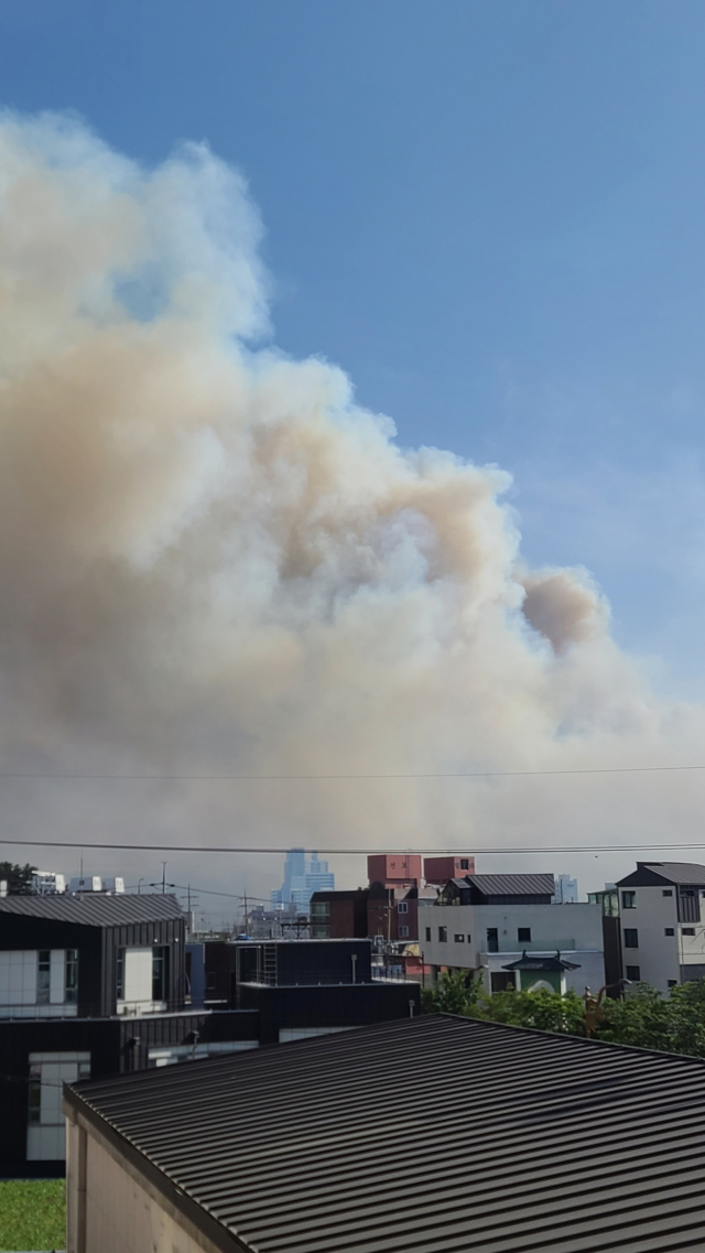 28일 낮 12시 6분께 경북 울진군 근남면 행곡리 야산에서 난 산불로 생긴 연기가 울진군을 뒤덮고 있다. 산림과 소방당국은 현장에 헬기 20여대와 특수진화차 등을 투입해 진화작업을 벌이고 있다. 연합뉴스