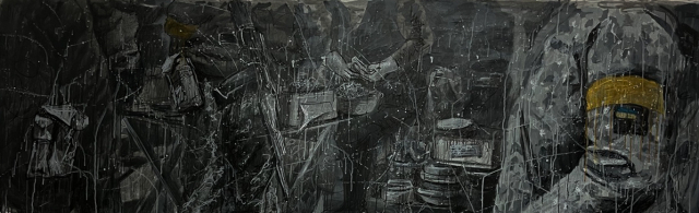 김지언, 아프간 전쟁 중 배식 받는, 130x65cm, acrylic on canvas, 2022.