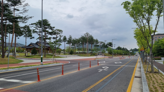 경북도청 정문과 주민 휴식공간인 천년숲 사이를 가로지르는 도로 모습. 경북도는 주말에 도로를 건너는 아이들이 많아 오전 10시~오후 5시 사이 