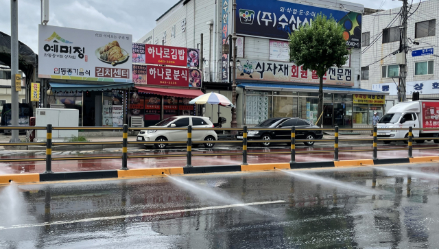 안동시는 폭염이 이어지면서 도시 주요 도로와 공원 등에 설치된 도시냉각 시스템 가동에 들어갔다. 사진은 도로에 설치된 도로자동살수 장치 모습. 안동시 제공