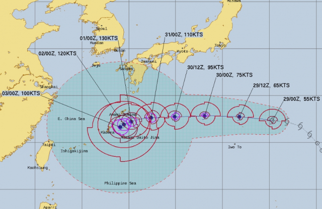 미국 합동태풍경보센터(Joint Typhoon Warning Center) 태풍 힌남노 예상경로