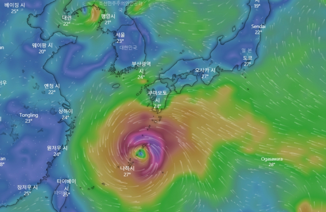 13호 태풍 므르복 또는 14호 태풍 난마돌(아래) 발생 및 대한해협행 가능성을 나타내고 있는 10일 오후 5시 기준 미국기상청(GFS) 모델의 18일 0시 시점 예보. (위는 랴오둥 반도 인근12호 태풍 무이파). 윈디 홈페이지