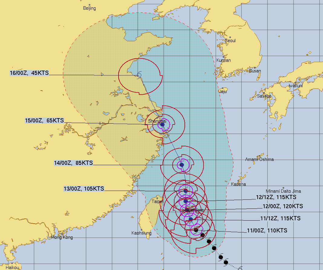 미국 합동태풍경보센터(JTWC, Joint Typhoon Warning Center) 12호 태풍 무이파 예상경로