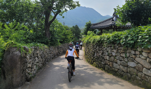 경북 명품자전거 탐사대원들이 돌담마을로 유명세를 타고있는 군위군 대율리로 들어서고 있다.