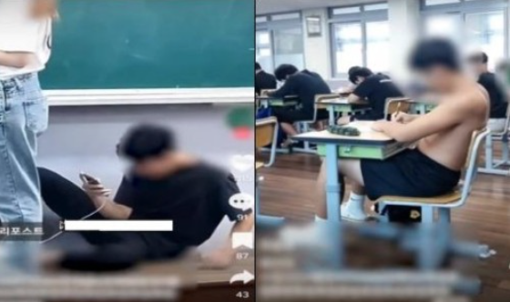 충남 홍성의 한 중학교에서 수업시간 교단에 드러눕고, 상의를 탈의한 학생들의 영상이 틱톡에서 확산됐다. 영상 캡처