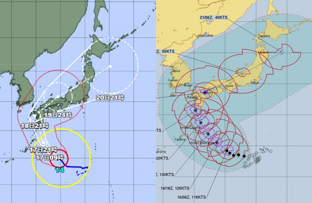 14호 태풍 난마돌 관련 (왼쪽)일본 기상청 16일 오후 9시 발표 예상경로, (오른쪽)미국 합동태풍경보센터(JTWC, Joint Typhoon Warning Center) 예상경로