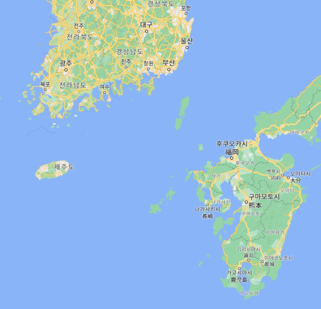 대한민국 남부 및 일본 큐슈 지역 지도. 구글맵