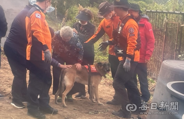 경북 봉화에서 실종됐다 이틀 만에 구조된 70대 할머니(사진 중앙 왼쪽) 및 할머니를 찾는 데 결정적 역할을 한 소방구조견 