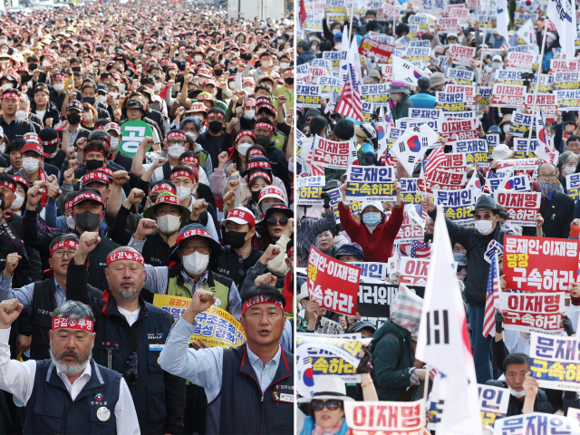 29일 오후 서울 광화문 동화면세점 앞 자유통일당 주최 집회(오른쪽)와 서울시의회 앞 양대노총 공공부문 노동조합 공동대책위원회 주최 