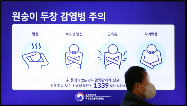 국내 3번째 원숭이두창 환자가 발생한 가운데 지난해 11월 15일 오후 인천국제공항 1터미널 출국장 전광판에 원숭이 두창 감염에 대한 안내가 나오고 있다. 연합뉴스