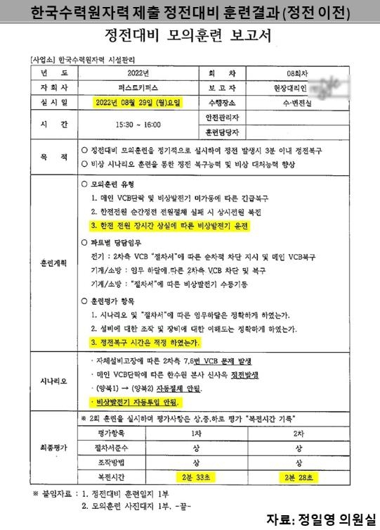 8월 29일 한수원 정전대비 모의훈련 보고서. 연합뉴스.