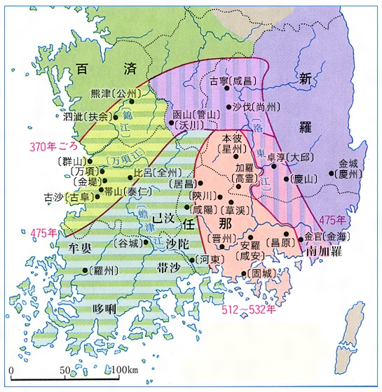 일본에서 사용하는 임나지도. 고대 야마토왜의 식민지라는 임나가 경상도는 물론 전라도 전역및 충청도 대부분까지차지하고 있다. 일본 극우파 역사학자들의 