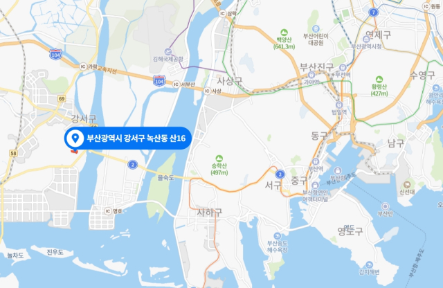 8일 오전 4시 35분쯤 부산시 강서구 녹산동 소재 한 야산(산 16)에서 산불이 발생했다. 화재 발생 위치. 네이버 지도