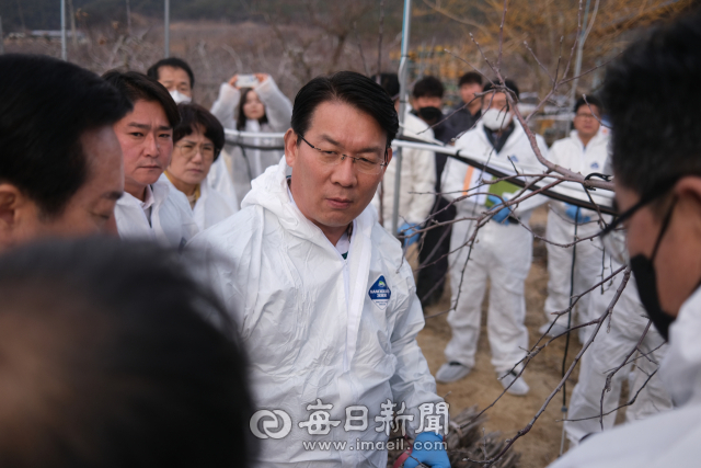 김인중 농림축산식품부 차관이 7일 경북 안동시 임하면 한 사과재배 농가를 방문해 과수화상병과 관련한 예방 시찰을 하고 있다. 김영진 기자