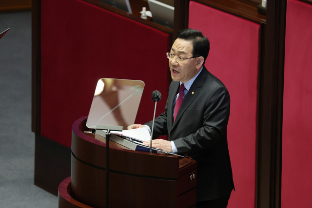 국민의힘 주호영 원내대표가 14일 오전 국회에서 열린 본회의에서 교섭단체 대표 연설을 하고 있다. 연합뉴스