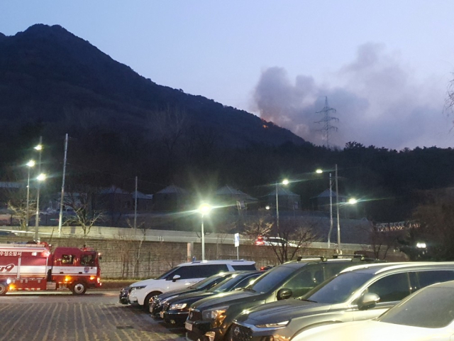 4일 대구 남구 대명동 앞산 3부 능선 근방에서 산불이 발생해 소방 인력 200여 명이 진화작업을 하고 있다. 독자제공