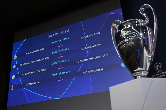 17일(한국시간) 스위스 니옹의 UEFA 본부에서 열린 2022-2023 UCL 8강 대진 추첨 화면. AFP=연합뉴스