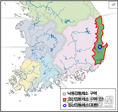 현재 낙동강홍수통제소 구역과 신설 형산강홍수통제소 건의 지역을 나타낸 지도. 포항시 제공