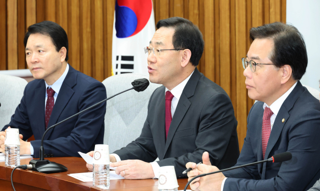 국민의힘 주호영 원내대표가 21일 국회에서 열린 원내대책회의에서 발언하고 있다. 연합뉴스