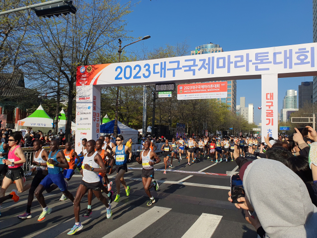 2일 대구 국채보상운동기념공원 및 대구 도심 일원에서 개최된 대구국제마라톤대회에서 출발하는 엘리트 선수단. 김우정 기자