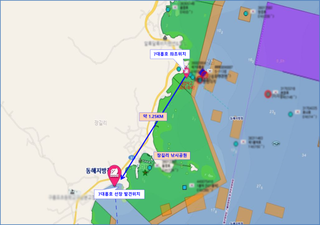 21일 오전 포항시 남구 구룡포읍 한 백사장에서 이틀 전 어선 좌초 사고로 실종된 어민 1명이 숨진 채 발견된 위치 설명도. 포항해양경찰서 제공.