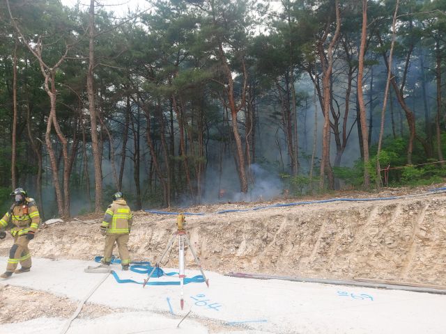 24일 낮 포항시 북구 흥해읍 덕장리 야산에서 발생한 산불을 소방대원들이 진화하고 있다. 포항북부소방서 제공