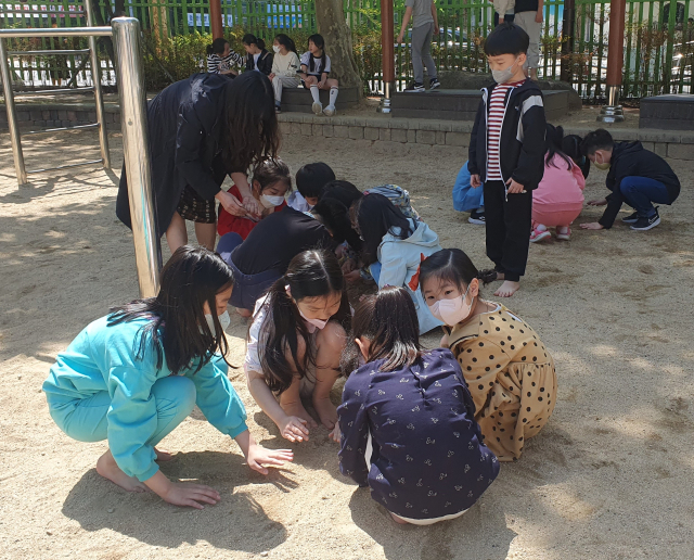 맨발놀이터에서 놀고 있는 동일초 학생들. 대구시교육청 제공