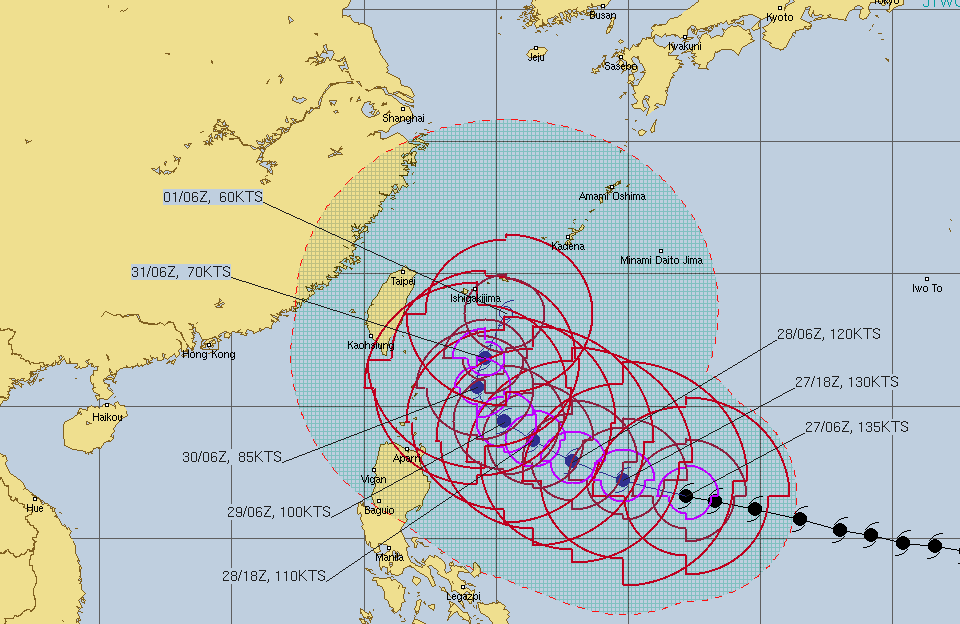 미국 합동태풍경보센터(JTWC, Joint Typhoon Warning Center) 태풍 마와르 예상경로