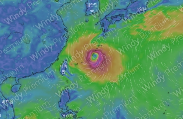 유럽중기예보센터(ECMWF) 모델 예상 6월 4일 0시 태풍 마와르 위치. 태풍의 눈 바로 왼쪽이 나하시가 위치한 오키나와 본섬