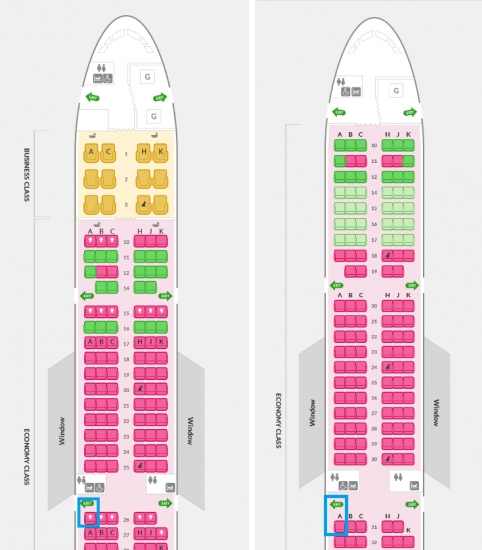 판매가 전면 중단된 A321-200 항공기의 비상구 옆 좌석(파란색 사각형). 왼쪽이 174석, 오른쪽이 195석 항공기. 아시아나항공 홈페이지 캡처