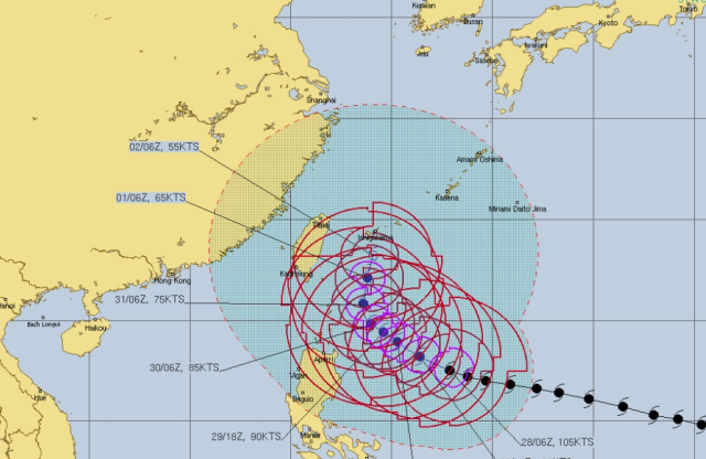 미국 합동태풍경보센터(JTWC, Joint Typhoon Warning Center) 태풍 마와르 예상경로