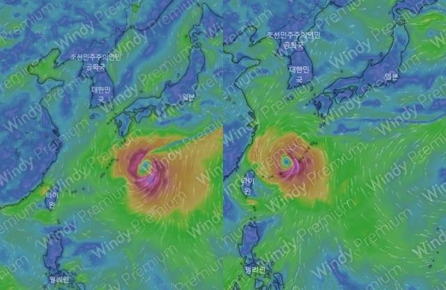 유럽중기예보센터(ECMWF) 모델의 5월 27일 저녁 예상 태풍 마와르 6월 5일 0시 위치(왼쪽), 5월 28일 저녁 예상 태풍 마와르 6월 5일 0시 위치(오른쪽). 태풍 마와르의 북동진 경로가 북쪽으로 높아졌고, 태풍 이동 예상 속도 역시 느려졌다.