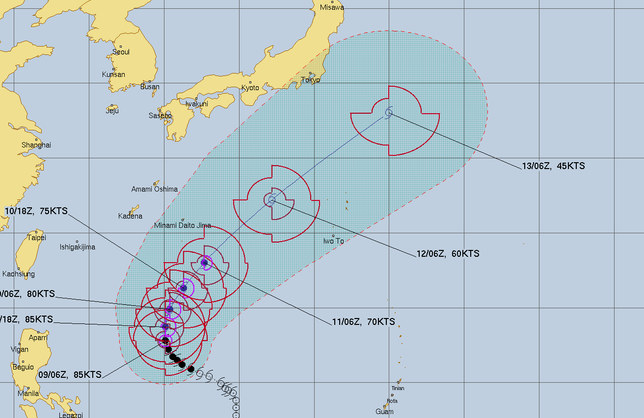 미국 합동태풍경보센터(JTWC, Joint Typhoon Warning Center) 태풍 구촐 예상경로