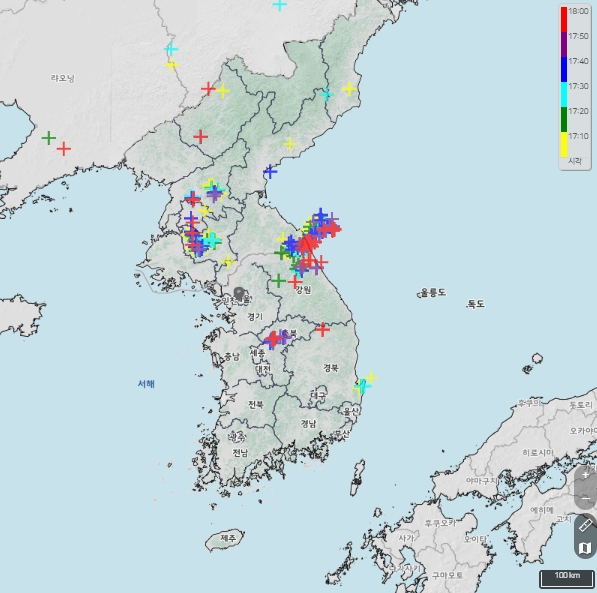 13일 오후 6시 기준 전국 낙뢰 발생 현황. 기상청