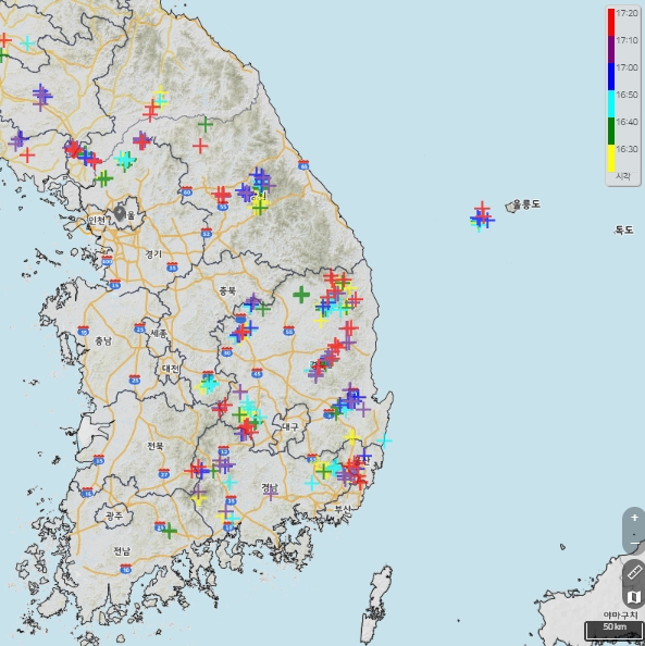 14일 오후 5시 20분 기준 전국 낙뢰 발생 현황. 기상청