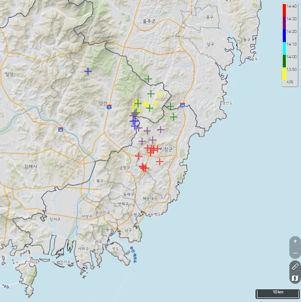 15일 오후 2시 40분 기준 부산 기장·경남 양산 지역 낙뢰 발생 현황. 기상청