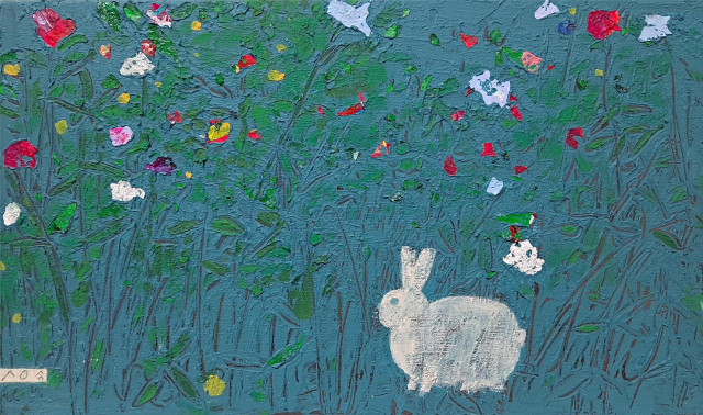 우승우, 꽃밭에 달 토끼, 65×53cm, 캔버스에 혼합재료, 2023