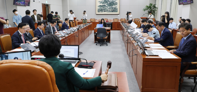 남인순 정치개혁특별위원회 위원장이 20일 오전 서울 여의도 국회에서 열린 정치개혁특별위원회 전체회의에서 의사봉을 두드리고 있다. 연합뉴스