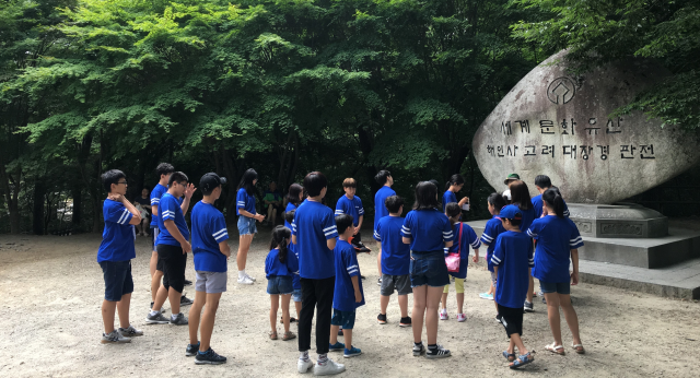 지난 2018년 고향여름캠프 참가자들이 합천 해인사를 방문한 모습. 합천군 제공