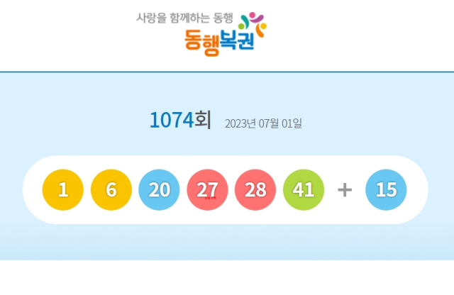 1074회 로또 1등 당첨번호 1, 6, 20, 27, 28, 41 