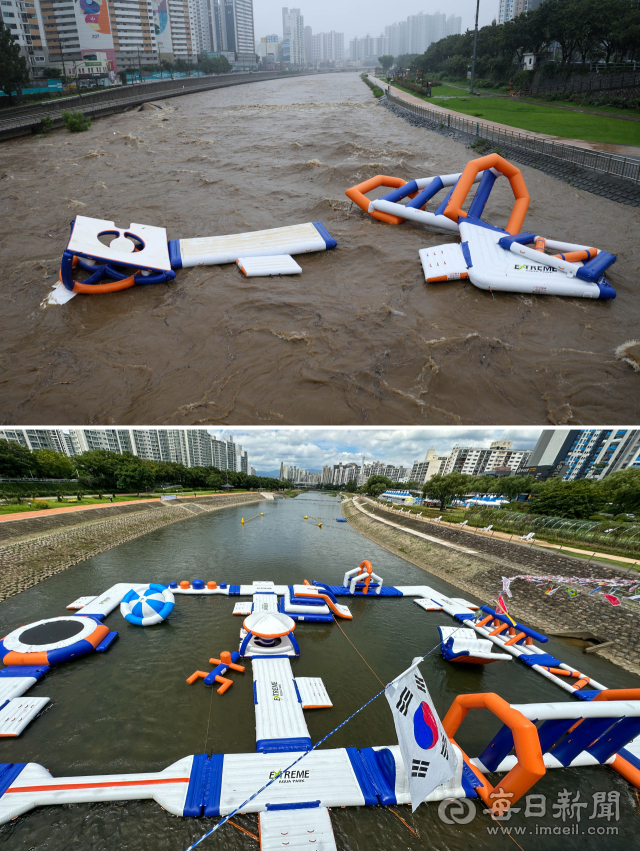 18일 오후 대구 신천 수위 상승으로 둔치 일부가 침수된 가운데 에어바운스 등 신천 물놀이 체험장 시설물들이 신천교 인근까지 휩쓸려 떠내려 오고 있다. 아래 사진은 전날 희망교 아래에 설치돼 있던 물놀이 시설물. . 대구시는 신천동로 전구간 통제와 신천 둔치 출입 금지를 알리는 안전안내문자를 발송했다. 우태욱 기자 woo@imaeil.com