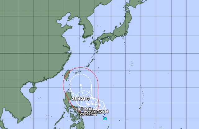 일본기상청 20일 오후 9시 발표 열대저압부a(한국 기상청 명명 9호 열대저압부) 예상경로